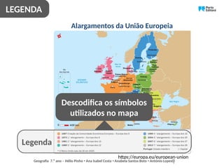 Alargamentos da União Europeia
https://europa.eu/european-union
Legenda
LEGENDA
Descodifica os símbolos
utilizados no mapa
Geografia 7.⁰ ano – Hélio Pinho Ana Isabel Costa Anabela Santos Boto António Lopes
ꞏ ꞏ ꞏ
 