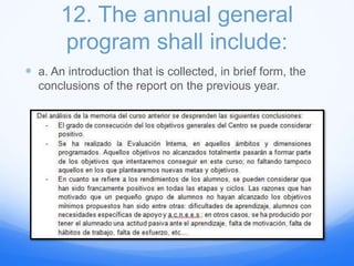 12. The annual general
program shall include:
 a. An introduction that is collected, in brief form, the
conclusions of the report on the previous year.
 