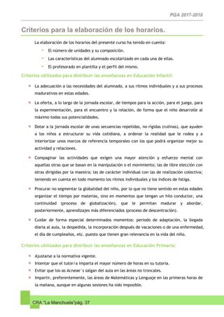 CRA “La Manchuela”pág. 37
Criterios para la elaboración de los horarios.
La elaboración de los horarios del presente curso ha tenido en cuenta:
- El número de unidades y su composición.
- Las características del alumnado escolarizado en cada una de ellas.
- El profesorado en plantilla y el perfil del mismo.
Criterios utilizados para distribuir las enseñanzas en Educación Infantil:
La adecuación a las necesidades del alumnado, a sus ritmos individuales y a sus procesos
madurativos en estas edades.
La oferta, a lo largo de la jornada escolar, de tiempos para la acción, para el juego, para
la experimentación, para el encuentro y la relación, de forma que el niño desarrolle al
máximo todas sus potencialidades.
Dotar a la jornada escolar de unas secuencias repetidas, no rígidas (rutinas), que ayuden
a los niños a estructurar su vida cotidiana, a ordenar la realidad que le rodea y a
interiorizar unos marcos de referencia temporales con los que podrá organizar mejor su
actividad y relaciones.
Compaginar las actividades que exigen una mayor atención y esfuerzo mental con
aquellas otras que se basan en la manipulación o el movimiento; las de libre elección con
otras dirigidas por la maestra; las de carácter individual con las de realización colectiva;
teniendo en cuenta en todo momento los ritmos individuales y los índices de fatiga.
Procurar no segmentar la globalidad del niño, por lo que no tiene sentido en estas edades
organizar el tiempo por materias, sino en momentos que tengan un hilo conductor, una
continuidad (proceso de globalización), que le permitan madurar y abordar,
posteriormente, aprendizajes más diferenciados (proceso de descentración).
Cuidar de forma especial determinados momentos: periodo de adaptación, la llegada
diaria al aula, la despedida, la incorporación después de vacaciones o de una enfermedad,
el día de cumpleaños, etc. puesto que tienen gran relevancia en la vida del niño.
Criterios utilizados para distribuir las enseñanzas en Educación Primaria:
Ajustarse a la normativa vigente.
Intentar que el tutor/a imparta el mayor número de horas en su tutoría.
Evitar que los-as Acneae´s salgan del aula en las áreas no troncales.
Impartir, preferentemente, las áreas de Matemáticas y Lenguaje en las primeras horas de
la mañana, aunque en algunas sesiones ha sido imposible.
 