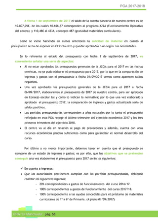 PGA 2017-2018
CRA “La Manchuela” pág. 58
A fecha 1 de septiembre de 2017 el saldo de la cuenta bancaria de nuestro centro es de
10.807,05€, de los cuales 10.696,57 corresponden al programa 422A (Funcionamiento Operativo
del centro) y 110,48€ al 423A, concepto 487 (gratuidad materiales curriculares).
Como se viene haciendo en cursos anteriores la solicitud de material en cuanto al
presupuesto se ha de exponer en CCP-Claustro y quedar aprobados o no según las necesidades.
En lo referente al estado del presupuesto con fecha 1 de septiembre de 2017, es
conveniente señalar una serie de aspectos:
 Al no estar aprobados los presupuestos generales de la JCCM para el 2017 en las fechas
previstas, no se pudo elaborar el presupuesto para 2017, por lo que en la comparación de
ingresos y gastos con el presupuesto a fecha 01/09/2017 vemos como aparecen saldos
negativos.
 Una vez aprobados los presupuestos generales de la JCCM para el 2017 a fecha
06/09/2017, elaboraremos el presupuesto de 2017 de nuestro centro, para ser aprobado
en Consejo escolar tal y como lo indican la normativa; por lo que una vez elaborado y
aprobado el presupuesto 2017, la comparación de ingresos y gastos actualizada seria de
saldos positivos.
 Las partidas presupuestarias corresponden a años naturales por lo tanto el presupuesto
reflejado en esta PGA recoge el último trimestre del ejercicio económico 2017 y los tres
primeros trimestres del ejercicio 2018.
 El centro va al día en relación al pago de proveedores y además, cuenta con unos
recursos económicos propios suficientes como para garantizar el normal desarrollo del
curso.
Por último y no menos importante, debemos tener en cuenta que el presupuesto se
compone de un estado de ingresos y gastos; es por ello, que los objetivos que se pretenden
conseguir una vez elaboremos el presupuesto para 2017 serán los siguientes:
 En cuanto a ingresos:
 Que las autoridades pertinentes cumplan con las partidas presupuestadas, debiendo
realizar los siguientes ingresos:
- 20% correspondientes a gastos de funcionamiento del curso 2016/17.
- 100% correspondientes a gastos de funcionamiento del curso 2017/18.
- 100% correspondiente a las ayudas concedidas para el préstamo de materiales
curriculares de 1º a 6º de Primaria. (A fecha 01/09/2017)
 
