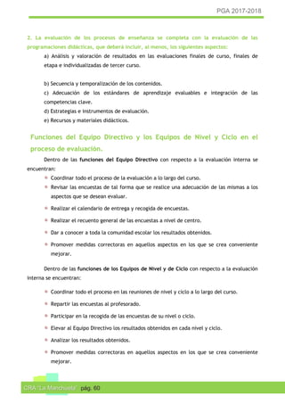 PGA 2017-2018
CRA “La Manchuela” pág. 60
2. La evaluación de los procesos de enseñanza se completa con la evaluación de las
programaciones didácticas, que deberá incluir, al menos, los siguientes aspectos:
a) Análisis y valoración de resultados en las evaluaciones finales de curso, finales de
etapa e individualizadas de tercer curso.
b) Secuencia y temporalización de los contenidos.
c) Adecuación de los estándares de aprendizaje evaluables e integración de las
competencias clave.
d) Estrategias e instrumentos de evaluación.
e) Recursos y materiales didácticos.
Funciones del Equipo Directivo y los Equipos de Nivel y Ciclo en el
proceso de evaluación.
Dentro de las funciones del Equipo Directivo con respecto a la evaluación interna se
encuentran:
Coordinar todo el proceso de la evaluación a lo largo del curso.
Revisar las encuestas de tal forma que se realice una adecuación de las mismas a los
aspectos que se desean evaluar.
Realizar el calendario de entrega y recogida de encuestas.
Realizar el recuento general de las encuestas a nivel de centro.
Dar a conocer a toda la comunidad escolar los resultados obtenidos.
Promover medidas correctoras en aquellos aspectos en los que se crea conveniente
mejorar.
Dentro de las funciones de los Equipos de Nivel y de Ciclo con respecto a la evaluación
interna se encuentran:
Coordinar todo el proceso en las reuniones de nivel y ciclo a lo largo del curso.
Repartir las encuestas al profesorado.
Participar en la recogida de las encuestas de su nivel o ciclo.
Elevar al Equipo Directivo los resultados obtenidos en cada nivel y ciclo.
Analizar los resultados obtenidos.
Promover medidas correctoras en aquellos aspectos en los que se crea conveniente
mejorar.
 