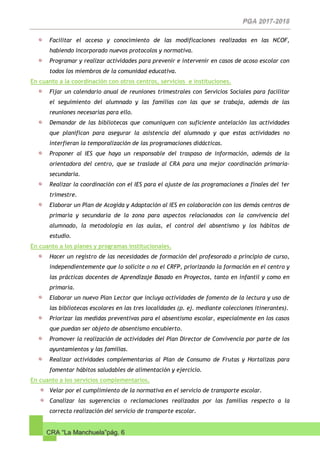 CRA “La Manchuela”pág. 6
Facilitar el acceso y conocimiento de las modificaciones realizadas en las NCOF,
habiendo incorporado nuevos protocolos y normativa.
Programar y realizar actividades para prevenir e intervenir en casos de acoso escolar con
todos los miembros de la comunidad educativa.
En cuanto a la coordinación con otros centros, servicios e instituciones.
Fijar un calendario anual de reuniones trimestrales con Servicios Sociales para facilitar
el seguimiento del alumnado y las familias con las que se trabaja, además de las
reuniones necesarias para ello.
Demandar de las bibliotecas que comuniquen con suficiente antelación las actividades
que planifican para asegurar la asistencia del alumnado y que estas actividades no
interfieran la temporalización de las programaciones didácticas.
Proponer al IES que haya un responsable del traspaso de información, además de la
orientadora del centro, que se traslade al CRA para una mejor coordinación primaria-
secundaria.
Realizar la coordinación con el IES para el ajuste de las programaciones a finales del 1er
trimestre.
Elaborar un Plan de Acogida y Adaptación al IES en colaboración con los demás centros de
primaria y secundaria de la zona para aspectos relacionados con la convivencia del
alumnado, la metodología en las aulas, el control del absentismo y los hábitos de
estudio.
En cuanto a los planes y programas institucionales.
Hacer un registro de las necesidades de formación del profesorado a principio de curso,
independientemente que lo solicite o no el CRFP, priorizando la formación en el centro y
las prácticas docentes de Aprendizaje Basado en Proyectos, tanto en infantil y como en
primaria.
Elaborar un nuevo Plan Lector que incluya actividades de fomento de la lectura y uso de
las bibliotecas escolares en las tres localidades (p. ej. mediante colecciones itinerantes).
Priorizar las medidas preventivas para el absentismo escolar, especialmente en los casos
que puedan ser objeto de absentismo encubierto.
Promover la realización de actividades del Plan Director de Convivencia por parte de los
ayuntamientos y las familias.
Realizar actividades complementarias al Plan de Consumo de Frutas y Hortalizas para
fomentar hábitos saludables de alimentación y ejercicio.
En cuanto a los servicios complementarios.
Velar por el cumplimiento de la normativa en el servicio de transporte escolar.
Canalizar las sugerencias o reclamaciones realizadas por las familias respecto a la
correcta realización del servicio de transporte escolar.
 