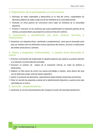 CRA “La Manchuela”pág. 8
2. Organización de la participación y la convivencia.
Participar de modo responsable y democrático en la vida del centro, respetándose los
derechos y deberes de todos y cada uno de los miembros de la comunidad escolar.
Promover un clima positivo de convivencia entre todos los miembros de la comunidad
educativa.
Prevenir e intervenir en los conflictos que surjan posibilitando la resolución pacífica de los
mismos y actuando desde una perspectiva constructivista del conflicto.
3. Actuaciones y coordinación con otros centros, servicios e
instituciones.
Garantizar una respuesta eficaz, coordinada y complementaria, tanto para el alumnado como
para sus familias entre los diferentes centros educativos del entorno, servicios e instituciones
del ámbito sociocultural y sanitario.
4. Planes y programas institucionales y cuantos otros desarrolle el
centro.
Priorizar la formación del profesorado en aquellos aspectos que mejoren su práctica docente
y la repuesta a la diversidad del alumnado.
Favorecer el carácter de mejora de la evaluación interna, en todos los ámbitos y
dimensiones.
Elaborar un Plan Lector de centro con nuevas actividades a realizar, tanto dentro del aula
(en las diferentes áreas) como de manera específica.
Aplicar el protocolo de absentismo, especialmente desarrollando actuaciones preventivas.
Poner en marcha los programas y planes de la Administración Educativa o cuantos otros sean
solicitados por el centro.
5. Servicios complementarios.
Garantizar el correcto funcionamiento del transporte escolar del alumnado beneficiario.
 