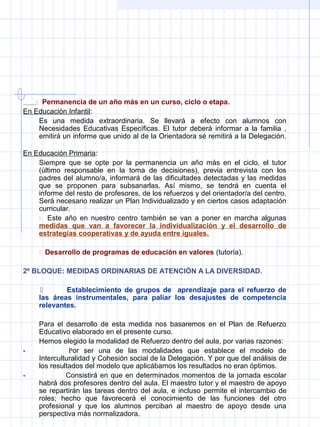  Permanencia de un año más en un curso, ciclo o etapa.
En Educación Infantil:
Es una medida extraordinaria. Se llevará a efecto con alumnos con
Necesidades Educativas Específicas. El tutor deberá informar a la familia ,
emitirá un informe que unido al de la Orientadora sé remitirá a la Delegación.
En Educación Primaria:
Siempre que se opte por la permanencia un año más en el ciclo, el tutor
(último responsable en la toma de decisiones), previa entrevista con los
padres del alumno/a, informará de las dificultades detectadas y las medidas
que se proponen para subsanarlas. Así mismo, se tendrá en cuenta el
informe del resto de profesores, de los refuerzos y del orientador/a del centro.
Será necesario realizar un Plan Individualizado y en ciertos casos adaptación
curricular.
 Este año en nuestro centro también se van a poner en marcha algunas
medidas que van a favorecer la individualización y el desarrollo de
estrategias cooperativas y de ayuda entre iguales.
 Desarrollo de programas de educación en valores (tutoría).
2º BLOQUE: MEDIDAS ORDINARIAS DE ATENCIÓN A LA DIVERSIDAD.
 Establecimiento de grupos de aprendizaje para el refuerzo de
las áreas instrumentales, para paliar los desajustes de competencia
relevantes.
Para el desarrollo de esta medida nos basaremos en el Plan de Refuerzo
Educativo elaborado en el presente curso.
Hemos elegido la modalidad de Refuerzo dentro del aula, por varias razones:
- Por ser una de las modalidades que establece el modelo de
Interculturalidad y Cohesión social de la Delegación. Y por que del análisis de
los resultados del modelo que aplicábamos los resultados no eran óptimos.
- Consistirá en que en determinados momentos de la jornada escolar
habrá dos profesores dentro del aula. El maestro tutor y el maestro de apoyo
se repartirán las tareas dentro del aula, e incluso permite el intercambio de
roles; hecho que favorecerá el conocimiento de las funciones del otro
profesional y que los alumnos perciban al maestro de apoyo desde una
perspectiva más normalizadora.
 