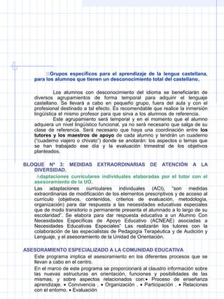 Grupos específicos para el aprendizaje de la lengua castellana,
para los alumnos que tienen un desconocimiento total del castellano,
Los alumnos con desconocimiento del idioma se beneficiarán de
diversos agrupamientos de forma temporal para adquirir el lenguaje
castellano. Se llevará a cabo en pequeño grupo, fuera del aula y con el
profesional destinado a tal efecto. Es recomendable que realice la inmersión
lingüística el mismo profesor para que sirva a los alumnos de referencia.
Este agrupamiento será temporal y en el momento que el alumno
adquiera un nivel lingüístico funcional, ya no será necesario que salga de su
clase de referencia. Será necesario que haya una coordinación entre los
tutores y los maestros de apoyo de cada alumno y tendrán un cuaderno
(“cuaderno viajero o chivato”) donde se anotarán: los aspectos o temas que
se han trabajado ese día y la evaluación trimestral de los objetivos
planteados.
BLOQUE Nº 3: MEDIDAS EXTRAORDINARIAS DE ATENCIÓN A LA
DIVERSIDAD.
Adaptaciones curriculares individuales elaboradas por el tutor con el
asesoramiento de la UO.
Las adaptaciones curriculares individuales (ACI), “son medidas
extraordinarias de modificación de los elementos prescriptivos y de acceso al
currículo (objetivos, contenidos, criterios de evaluación, metodología,
organización) para dar respuesta a las necesidades educativas especiales
que de modo transitorio o permanente presenta el alumnado a lo largo de su
escolaridad”. Se elabora para dar respuesta educativa a un Alumno Con
Necesidades Específicas de Apoyo Educativo (ACNEAE) asociadas a
Necesidades Educativas Especiales” Las realizarán los tutores con la
colaboración de las especialistas de Pedagogía Terapéutica y de Audición y
Lenguaje, y el asesoramiento de la Unidad de Orientación.
ASESORAMIENTO ESPECIALIZADO A LA COMUNIDAD EDUCATIVA
Este programa implica el asesoramiento en los diferentes procesos que se
llevan a cabo en el centro.
En el marco de este programa se proporcionará al claustro información sobre
las nuevas estructuras en orientación, funciones y posibilidades de las
mismas, y sobre aspectos relacionados con:• Proceso de enseñanza
aprendizaje. • Convivencia . • Organización . • Participación . • Relaciones
con el entorno. • Evaluación
 