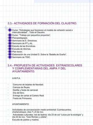 3.3.- ACTIVIDADES DE FORMACIÓN DEL CLAUSTRO.
Curso: “Estrategias que favorecen el modelo de cohesión social e
interculturalidad” . Todo el Claustro.
Curso: “Trabajo por pequeños proyectos”.
Psicopedagogía.
Seminario de E. Directivos.
Seminario de PT y AL.
Estudio de las Encíclicas.
Escuela de Idiomas.
Plan lector.
Elaboración de una Unidad D. Sobre la “Batalla de Ocaña”.
Seminario de TDIC.
3.4.- PROPUESTA DE ACTIVIDADES EXTRAESCOLARES
Y COMPLEMENTARIAS DEL AMPA Y DEL
AYUNTAMIENTO.
A.M.P.A.
- Concurso de tarjetas de Navidad.
- Carroza de Reyes.
- Desfile y fiesta de carnaval.
- Día del libro.
- Entrega de cartas al Cartero Real.
- Fiesta de Primavera.
AYUNTAMIENTO
- Actividades de concienciación medio-ambiental: Cuentacuentos,
charla/coloquio, días 7 y 8 de nov.
- Actividades culturales: red de teatros: día 23 de oct “Locos por la ecología” y
día 22 de nov. “Casi Romeo y Julieta”.
- Escuela de padres y madres.
 