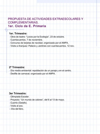 PROPUESTA DE ACTIVIDADES EXTRAESCOLARES Y
COMPLEMENTARIAS.
1er. Ciclo de E. Primaria
1er. Trimestre:
- Obra de teatro: “Locos por la Ecología”, 23 de octubre.
- Cuentacuentos. 7 de noviembre.
- Concurso de tarjetas de navidad, organizado por el AMPA.
- Visita a Aranjuez: Palacio y Jardines con cuentacuentos. 12 nov.
2º Trimestre:
- Día medio-ambiental: repoblación de un paraje y en el centro.
- Desfile de carnaval, organizado por el AMPA.
3er Trimestre:
- Olimpiada Escolar.
- Proyecto: “Un mundo de colores”, del 6 al 13 de mayo.
- Cuento (Getafe).
- Visita al zoo.
-- Día del libro.
 