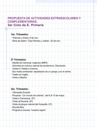 PROPUESTA DE ACTIVIDADES EXTRAESCOLARES Y
COMPLEMENTARIAS.
3er Ciclo de E. Primaria
1er. Trimestre:
- Película y charla, 8 de nov.
- Obra de teatro: “Casi Romeo y Julieta”, 22 de nov.
2º Trimestre:
- Desfile de Carnaval, organiza AMPA.
- Actividad en entorno natural de senderismo, Diputación.
- Visitas a Toledo y Cuenca.
- Día medio-ambiental: repoblación de un paraje y en el centro.
- Teatro en inglés.
- Visita a Madrid.
3er. Trimestre:
- Olimpiada Escolar.
- Proyecto: “Un mundo de colores”, del 6 al 13 de mayo.
- Visita a Carranque. (5º)
- Visita al Escorial. (6º)
- Visita al parque natural del Hosquillo. (5º)
- Día del libro.
- Programa conocer “nuestra región”.
 