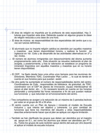  .-  El área de religión es impartida por la profesora de esta especialidad. Hay 3  
tutores que imparten esta área. Debiendo quedar en algunos grupos la clase 
de religión reducida a una clase de una hora.  
.-  El área de música  es responsabilidad de dos especialistas del centro que a su 
vez son tutoras definitivas.
.-  El alumnado que no imparte religión católica es atendido por aquellos maestros 
y  maestras    que  tienen  disponibilidad  horaria,  y  realizan  la  función    de 
vigilancia en 1er. Ciclo y de desarrollo de las actividades alternativas en 2º y 
3er. Ciclos. 
.-  El número de alumnos inmigrantes con desconocimiento del idioma aumenta 
progresivamente cada año.  Esta situación se resuelve realizando el plan de 
acogida, y posteriormente, y tras la valoración se establece un programa de 
inmersión  lingüística  con  aquellos  maestros  y  maestras  que  en  su  horario 
tienen disponibilidad.
 .- El CEP,  ha fijado desde hace unos años unos tiempos para las reuniones de: 
Directores, Miembros TDIC, Coordinador Plan Lector, ... lo cual es tenido en 
cuenta en sus horarios para que puedan  asistir. 
.- De otra parte ha aumentado el número de responsabilidades dentro del centro: 
Coordinadores de Ciclo , responsables de biblioteca, de gratuidad, de TDIC, 
coordinador con el CEP de planes de  innovación, equipo interdisciplinar de 
apoyo al plan lector, etc... ). Es necesario tenerlo en cuenta en los horarios 
personales y computarles las horas necesarias a fin de que puedan realizar 
sus funciones  y  que redundan en el funcionamiento del centro. 
.- Tres compañeros se acogen a la reducción de un máximo de 3 periodos lectivos 
por estar en el grupo de 55 a 59 años. 
.-  El  centro  cuenta  con  un  Plan  de  Apoyos  (  iniciando  el  modelo  de  Escuela 
Inclusiva  ),  que  intenta  ser  objetivo  y  coherente.  La  gran  cantidad  de 
funciones  que  tiene  los  miembros  del  claustro  y  otras  responsabilidades 
descritas anteriormente hacen que el plan se aplique con alguna limitación. 
.- También se han clarificado los grupos que deben ser atendidos por el maestro 
de  apoyo en E.I., así como los alumnos que deben ser atendidos por PT y 
AL. Todos los grupos de aula recibirán apoyo dentro del aula por otro docente 
al aplicar el modelo de escuela inclusiva.
 
 
