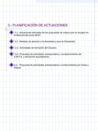 3.- PLANIFICACIÓN DE ACTUACIONES
3.1.- Actuaciones derivadas de las propuestas de mejora que se recogen en
la Memoria del curso 06-07.
3.2.- Medidas de atención a la diversidad y para la Orientación.
3.3.- Actividades de formación del Claustro.
3.4.- Propuesta de actividades extraescolares y complementarias del
A.M.P.A. y del Excmo Ayuntamiento.
3.5.- Propuesta de actividades extraescolares y comlementarias por Ciclos y
Etapas.
 