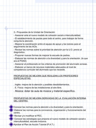 2.- Propuestas de la Unidad de Orientación:
- Asesorar ante el nuevo modelo de cohesión social e interculturalidad.
- El establecimiento de pautas para todo el centro, para trabajar de forma
conjunta la atención.
- Mejorar la coordinación entre el equipo de apoyo y los tutores para el
seguimiento de las ACIs.
- Revisar las normas sobre la prioridad de atención por la U.O. previo al
diagnóstico.
- Proponer nuevas formas de mejorar la escuela de padres.
- Elaborar las normas de atención a la diversidad y para la orientación. (lo que
era el POAD)
- Asesorar al profesorado en los criterios de promoción del alumnado acneae.
- Elaborar un banco de recursos materiales adecuados al nivel de
competencia curricular del alumnado que los necesite.
PROPUESTAS DE MEJORA QUE REALIZAN LOS PROFESORES
ESPECIALISTAS.
. Inglés: mejora de la atención y posibles desdoblamientos.
. E. Física: mejora de las instalaciones al aire libre.
. Música: dotar de aula de música y material específico.
PROPUESTAS DE MEJORA DERIVADAS DE LA EVALUACIÓN INTERNA
DEL CENTRO.
Conocer las normas para la atención a la diversidad y para la orientación.
Elaborar las normas para la convivencia, organización y funcionamiento del
centro.
Revisar y/o modificar el PEC.
Conocer las estrategias que propone el nuevo modelo de cohesión social e
interculturalidad, escuela inclusiva.
Aprobar el Plan de Acción Tutorial (P.A.T.)
 