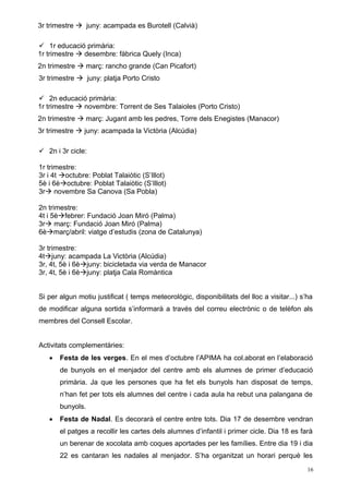 3r trimestre  juny: acampada es Burotell (Calvià) 
 1r educació primària: 
1r trimestre  desembre: fàbrica Quely (Inca) 
2n trimestre  març: rancho grande (Can Picafort) 
3r trimestre  juny: platja Porto Cristo 
 2n educació primària: 
1r trimestre  novembre: Torrent de Ses Talaioles (Porto Cristo) 
2n trimestre  març: Jugant amb les pedres, Torre dels Enegistes (Manacor) 
3r trimestre  juny: acampada la Victòria (Alcúdia) 
 2n i 3r cicle: 
1r trimestre: 
3r i 4t octubre: Poblat Talaiòtic (S’Illot) 
5è i 6èoctubre: Poblat Talaiòtic (S’Illot) 
3r novembre Sa Canova (Sa Pobla) 
2n trimestre: 
4t i 5èfebrer: Fundació Joan Miró (Palma) 
3r març: Fundació Joan Miró (Palma) 
6èmarç/abril: viatge d’estudis (zona de Catalunya) 
3r trimestre: 
4tjuny: acampada La Victòria (Alcúdia) 
3r, 4t, 5è i 6èjuny: bicicletada via verda de Manacor 
3r, 4t, 5è i 6èjuny: platja Cala Romàntica 
Si per algun motiu justificat ( temps meteorològic, disponibilitats del lloc a visitar...) s’ha 
de modificar alguna sortida s’informarà a través del correu electrònic o de telèfon als 
membres del Consell Escolar. 
Activitats complementàries: 
 Festa de les verges. En el mes d’octubre l’APIMA ha col.aborat en l’elaboració 
de bunyols en el menjador del centre amb els alumnes de primer d’educació 
primària. Ja que les persones que ha fet els bunyols han disposat de temps, 
n’han fet per tots els alumnes del centre i cada aula ha rebut una palangana de 
bunyols. 
 Festa de Nadal. Es decorarà el centre entre tots. Dia 17 de desembre vendran 
el patges a recollir les cartes dels alumnes d’infantil i primer cicle. Dia 18 es farà 
un berenar de xocolata amb coques aportades per les famílies. Entre dia 19 i dia 
22 es cantaran les nadales al menjador. S’ha organitzat un horari perquè les 
16 
 