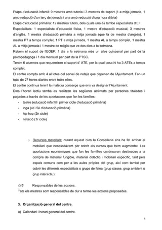 Etapa d’educació infantil: 9 mestres amb tutoria i 3 mestres de suport (1 a mitja jornada, 1 
amb reducció d’un terç de jornada i una amb reducció d’una hora diària) 
Etapa d’educació primària: 12 mestres tutors, dels quals una és també especialista d’EF. 
Especialitats: 1 especialista d’educació física, 1 mestre d’educació musical, 3 mestres 
d’anglès, 1 mestra d’educació primària a mitja jornada (que fa de mestra d’anglès), 1 
mestra PT a temps complet, 1 PT a mitja jornada, 1 mestra AL a temps complet, 1 mestra 
AL a mitja jornada i 1 mestra de religió que ve dos dies a la setmana. 
Rebem el suport de l’EOEP: 1 dia a la setmana més un altre quinzenal per part de la 
psicopedagoga i 1 dia mensual per part de la PTSC. 
Tenim 6 alumnes que requereixen el suport d’ ATE, per la qual cosa hi ha 3 ATEs a temps 
complet. 
El centre compta amb 4 al·lotes del servei de neteja que depenen de l’Ajuntament. Fan un 
total de 27 hores diaries entre totes elles. 
El centre continua tenint la mateixa conserge que ens va designar l’Ajuntament. 
Dins l’horari lectiu també es realitzen les següents activitats per persones titulades i 
pagades a través de les aportacions que fan les famílies: 
- teatre (educació infantil i primer cicle d’educació primària) 
- ioga (4t i 5è d’educació primària) 
- hip hop (2n cicle) 
- natació (1r cicle) 
o Recursos materials: durant aquest curs la Conselleria ens ha fet arribar el 
mobiliari que necessitàvem per cobrir els cursos que hem augmentat. Les 
aportacions econòmiques que fan les famílies continuaran destinades a la 
compra de material fungible, material didàctic i mobiliari específic, tant pels 
espais comuns com per a les aules pròpies del grup, així com també per 
cobrir les diferents especialitats o grups de feina (grup classe, grup ambient o 
grup interactiu). 
d) Responsables de les accions. 
Tots els mestres som responsables de dur a terme les accions proposades. 
3. Organització general del centre. 
a) Calendari i horari general del centre. 
8 
 