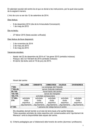 El calendari escolar del centre és el que ve donat a les instruccions, per la qual cosa queda 
de la següent manera: 
L’inici de curs va ser dia 12 de setembre de 2014. 
Dies festius: 
- 8 de desembre 2014 (dia de la Inmaculada Concenpció) 
- 1 de maig de 2015 
Dia no lectiu: 
- 27 febrer 2015 (festa escolar unificada) 
Dies festius de lliure disposició: 
- 3 de novembre de 2014 
- 2 de març de 2015 
- 4 de maig de 2015 
Vacances escolars: 
- Nadal: del 23 de desembre de 2014 al 7 de gener 2015 (ambdós inclosos) 
- Pasqua: del 2 al 10d’abril de 2015 (ambdós inclosos) 
- El darrer dia lectiu serà el 19 de juny de 2015. 
Horari del centre: 
DILLUNS DIMARTS DIMECRES DIJOUS DIVENDRES 
7'30h La conserge obri l'escola 
7’30h-9h servei d’escola matinera 
9h-14h horari lectiu del centre 
14h-16h servei de menjador 
16h-17h activitats extraescolars 
17’30h- 
21h 
activitats 
clubs 
esportius 
(Ajuntament) 
activitats 
clubs 
esportius 
(Ajuntament) 
activitats 
clubs 
esportius 
(Ajuntament) 
activitats 
clubs 
esportius 
(Ajuntament) 
activitats 
clubs 
esportius 
(Ajuntament) 
21’30h 1 persona de neteja tanca el centre 
Els dissabtes dematí també ve el club de tenis taula a fer partits federats. 
Totes aquestes activitats de clubs esportius són consensuades amb l’ajuntament de 
Manacor i amb la disponibilitat dels espais del centre. 
b) Criteris pedagògics per a l’elaboració dels horaris de centre (alumnes i professors). 
9 
 