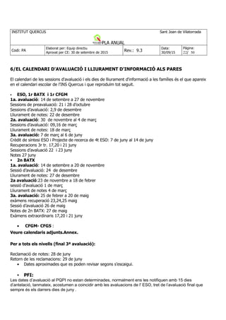 INSTITUT QUERCUS Sant Joan de Vilatorrada
PLA ANUAL
Curs 2015-2016
Codi : PA
Elaborat per: Equip directiu
Aprovat per CE: 30 de setembre de 2015
Rev. : 9.3
Data :
30/09/15
Pàgina:
5/ 50
Sopar de gala 2n BATX . I acte institucional 2n BATX . Fer un divendres tarda -vespre (10
de juny possible)? Demanar Cal gallifa. S'ha parlat amb l'AMPA, hi està d'acord, cal que ho diguem
a la Isabel i que de bon principi es parli amb l'alumnat de 2n
de batx. (Iolanda)
Participació a concursos com pica lletres, lectura en veu alta, ...
Acte institucional 4t ESO (explicació d’algun treball acadèmic...), fer una orla ,... Cal fer-ho
més institucional amb els pares .., AMPA.
Altres temes :
Canvi de calendari de final de curs. Hi ha hagut alguna queixa.
S'ha fet el canvi oportú, s'assembla molt al de l'institut de St. Fruitors.
Servei comunitari :ES passarà la informació a la professora que faci a cultura i
valors ètics. S'ha parlat amb la Glòria, cal saber com ho farà i que es posi en contacte
amb la Sílvia.
(Iolanda)
Promoció de la llengua anglesa. A més de l'EF i bio i geo , farem música a 2n i 3r.A
més presentarem la formació interna pel professorat de conversa en anglès. Fet.
Promoció de la llengua alemanya: Es proposa una matèria optativa a 2n ESO i a veure
si es pot generalitzar a 3r ja que sigui anual com el francès de cara als cursos posteriors. (Fet)
TEMA viatges fi de curs i alcohol: A inici de curs s'informarà a les famílies de totes les
normes i el compromís que si no es compleixen es retornaran a casa. Cal fer un document a les
famílies on es comprometin que si no es compleixen les normes durant el viatge seran retornats.
Potser fins i tot que paguin una paga i senyal abans de marxar per si de cas. Demanar com ho
debaten els altres instituts el tema de l'alcohol i els viatges. S'ha rebut una proposta de com ho
fan l'institut de Santpedor. Es pot modificar i cal passar-ho al Marcel.
(Iolanda) Es plantejarà a l'equip docent i es presentarà a la reunió dels pares.
geolocalització a 1r ESO: Es proposa d'incrementar-ho al treball de síntesi de 1r. cal
comentar-li amb la Marta que parli amb el Salvador.
(Iolanda)
Programa de garantia juvenil: programa ministeri espanyol, dirigit a nois/es que no
estan estudiant ni treballant . 16 anys o més, hi ha formació a la cambra de comerç , tenim
pendent de tot el llistat del que s'oferirà. Ho tindrem present i a mesura que anem tenir més
informació ho anirem explicant. (anna, has rebut més informació?) a primers d'octubre fer una
reunió amb l'equip docent de 4t
i batx, CF l'Anna ho explicarà
TdR i treball de síntesi:
treball de síntesi exposicions orals que s'escoltin uns als altres. Cal recordar-li a la Isabel i
que ho proposi a la reunió de TdR. (Iolanda)
 