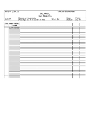 INSTITUT QUERCUS Sant Joan de Vilatorrada
PLA ANUAL
Curs 2015-2016
Codi : PA
Elaborat per: Equip directiu
Aprovat per CE: 30 de setembre de 2015
Rev. : 9.3
Data :
30/09/15
Pàgina:
13/ 50
 