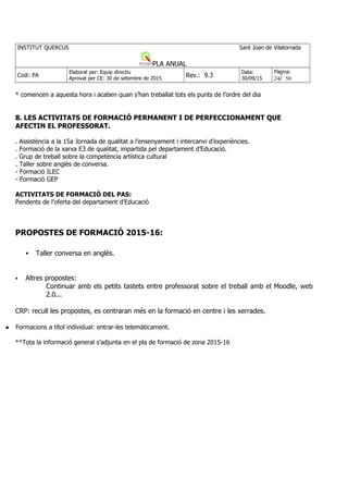 INSTITUT QUERCUS Sant Joan de Vilatorrada
PLA ANUAL
Codi: PA
Elaborat per: Equip directiu
Aprovat per CE: 30 de setembre de 2015
Rev.: 9.3
Data:
30/09/15
Pàgina:
24/ 50
* comencen a aquesta hora i acaben quan s’han treballat tots els punts de l’ordre del dia
8. LES ACTIVITATS DE FORMACIÓ PERMANENT I DE PERFECCIONAMENT QUE
AFECTIN EL PROFESSORAT.
. Assistència a la 15a Jornada de qualitat a l’ensenyament i intercanvi d’experiències.
. Formació de la xarxa E3 de qualitat, impartida pel departament d’Educació.
. Grup de treball sobre la competència artística cultural
. Taller sobre anglès de conversa.
- Formació ILEC
- Formació GEP
ACTIVITATS DE FORMACIÓ DEL PAS:
Pendents de l’oferta del departament d’Educació
PROPOSTES DE FORMACIÓ 2015-16:
 Taller conversa en anglès.
 Altres propostes:
Continuar amb els petits tastets entre professorat sobre el treball amb el Moodle, web
2.0...
CRP: recull les propostes, es centraran més en la formació en centre i les xerrades.
 Formacions a títol individual: entrar-les telemàticament.
**Tota la informació general s’adjunta en el pla de formació de zona 2015-16
 