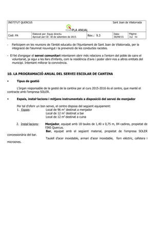 INSTITUT QUERCUS Sant Joan de Vilatorrada
PLA ANUAL
Codi: PA
Elaborat per: Equip directiu
Aprovat per CE: 30 de setembre de 2015
Rev.: 9.3
Data:
30/09/15
Pàgina:
26/ 50
- Participem en les reunions de l’àmbit educatiu de l’Ajuntament de Sant Joan de Vilatorrada, per la
integració de l’alumnat nouvingut i la prevenció de les conductes racistes.
- El fet d'engegar el servei comunitari intentarem obrir més relacions a l'entorn del poble de caire el
voluntariat, ja sigui a les llars d'infants, com la residència d'avis i poder obrir-nos a altres entitats del
municipi. Intentant millorar la convivència.
10. LA PROGRAMACIÓ ANUAL DEL SERVEI ESCOLAR DE CANTINA
 Tipus de gestió
L'òrgan responsable de la gestió de la cantina per al curs 2015-2016 és el centre, que manté el
contracte amb l'empresa SOLER.
 Espais, instal·lacions i mitjans instrumentals a disposició del servei de menjador
Per tal d’oferir un bon servei, el centre disposa del següent equipament:
1. Espais: Local de 96 m2
destinat a menjador
Local de 12 m2
destinat a bar
Local de 12 m2
destinat a cuina
2. Instal·lacions: Menjador, equipat amb 18 taules de 1,40 x 0,75 m, 84 cadires, propietat de
l'INS Quercus.
Bar, equipat amb el següent material, propietat de l'empresa SOLER
concessionària del bar.
Taulell d'acer inoxidable, armari d'acer inoxidable, forn elèctric, cafetera i
microones.
 