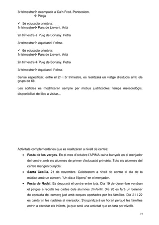 3r trimestre Acampada a Ca’n Fred. Portocolom.
 Platja
 5è educació primària:
1r trimestre Parc de Llevant. Artà
2n trimestre Puig de Bonany. Petra
3r trimestre Aqualand. Palma
 6è educació primària:
1r trimestre Parc de Llevant. Artà
2n trimestre Puig de Bonany. Petra
3r trimestre Aqualand. Palma
Sense especificar, entre el 2n i 3r trimestre, es realitzarà un viatge d’estudis amb els
grups de 6è.
Les sortides es modificaran sempre per motius justificables: temps meteorològic,
disponibilitat del lloc a visitar...
Activitats complementàries que es realitzaran a nivell de centre:
• Festa de les verges. En el mes d’octubre l’APIMA cuina bunyols en el menjador
del centre amb els alumnes de primer d’educació primària. Tots els alumnes del
centre mengen bunyols.
• Santa Cecília. 21 de novembre. Celebrarem a nivell de centre el dia de la
música amb un concert: “Un dia a l’òpera” en el menjador.
• Festa de Nadal. Es decorarà el centre entre tots. Dia 19 de desembre vendran
el patges a recollir les cartes dels alumnes d’infantil. Dia 20 es farà un berenar
de xocolata del comerç just amb coques aportades per les famílies. Dia 21 i 22
es cantaran les nadales al menjador. S’organitzarà un horari perquè les famílies
entrin a escoltar els infants, ja que serà una activitat que es farà per nivells.
19
 