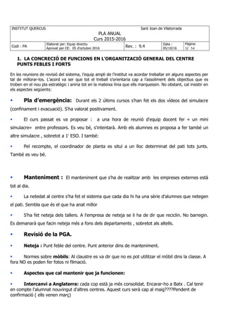 INSTITUT QUERCUS Sant Joan de Vilatorrada
PLA ANUAL
Curs 2015-2016
Codi : PA
Elaborat per: Equip directiu
Aprovat per CE: 05 d'octubre 2016
Rev. : 9.4
Data :
05/10/16
Pàgina:
3/ 54
1. LA CONCRECIÓ DE FUNCIONS EN L'ORGANITZACIÓ GENERAL DEL CENTRE
PUNTS FEBLES I FORTS
En les reunions de revisió del sistema, l’equip ampli de l’institut va acordar treballar en alguns aspectes per
tal de millorar-los. L’acord va ser que tot el treball s’orientaria cap a l’assoliment dels objectius que es
troben en el nou pla estratègic i aniria tot en la mateixa línia que ells marquessin. No obstant, cal insistir en
els aspectes següents:
Pla d’emergència: Durant els 2 últims cursos s'han fet els dos vídeos del simulacre
(confinament i evacuació). S'ha valorat positivament.
El curs passat es va proposar : a una hora de reunió d'equip docent fer « un mini
simulacre» entre professors. Es veu bé, s'intentarà. Amb els alumnes es proposa a fer també un
altre simulacre , sobretot a 1r
ESO. I també:
Pel recompte, el coordinador de planta es situï a un lloc determinat del pati tots junts.
També es veu bé.
Manteniment : El manteniment que s'ha de realitzar amb les empreses externes està
tot al dia.
La netedat al centre s'ha fet el sistema que cada dia hi ha una sèrie d'alumnes que netegen
el pati. Sembla que és el que ha anat millor
S'ha fet neteja dels tallers. A l'empresa de neteja se li ha de dir que reciclin. No barregin.
Es demanarà que facin neteja més a fons dels departaments , sobretot als altells.
Revisió de la PGA.
Neteja : Punt feble del centre. Punt anterior dins de manteniment.
Normes sobre mòbils: Al claustre es va dir que no es pot utilitzar el mòbil dins la classe. A
fora NO es poden fer fotos ni filmació.
Aspectes que cal mantenir que ja funcionen:
Intercanvi a Anglaterra: cada cop està ja més consolidat. Encarar-ho a Batx . Cal tenir
en compte l'alumnat nouvingut d'altres centres. Aquest curs serà cap al maig????Pendent de
confirmació ( ells venen març)
 