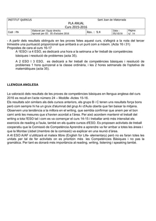 INSTITUT QUERCUS Sant Joan de Vilatorrada
PLA ANUAL
Curs 2015-2016
Codi : PA
Elaborat per: Equip directiu
Aprovat per CE: 05 d'octubre 2016
Rev. : 9.4
Data :
05/10/16
Pàgina:
6/ 54
- A partir dels resultats obtinguts en les proves fetes aquest curs, s'afegirà a la nota del tercer
trimestre una puntuació proporcional que arribarà a un punt com a màxim. (Acta 16 i 31)
Propostes de cara al curs 16-17
A 1ESO i a 4 ESO, es dedicarà una hora a la setmana a fer treball de competències
bàsiques i resolució de problemes (acta 35).
A 2 ESO I 3 ESO, es dedicarà a fer treball de competències bàsiques i resolució de
problemes 1 hora quinzenal a la classe ordinària, i les 2 hores setmanals de l'optativa de
matemàtiques (acta 35).
LLENGUA ANGLESA
La valoració dels resultats de les proves de competències bàsiques en llengua anglesa del curs
2016 es recull en l’acte número 24 – Moddle -Actes 15-16.
Els resultats són similars als dels cursos anteriors, els grups B i C tenen uns resultats força bons
però com sempre hi ha un gruix d'alumnat del grup A i d'Aula oberta que fan baixar la mitjana.
Observem una tendència a la millora en el writing, que sembla confirmar que anem per el bon
camí amb les mesures que s’havien acordat a l’àrea. Per això acordem mantenir el treball del
writing a tota l'ESO tal i com es va començar el curs 14-15 i treballar amb més intensitat els
exercicis de reading a l'aula, també en els quatre cursos d'ESO. Es proposen activitats de treball
cooperatiu que la Comissió de Competència Aprendre a aprendre va fer arribar a totes les àrees i
que la Montse Llobet (membre de la comissió) va explicar en una reunió d’àrea.
A 4t ESO A/AF s’utilitzarà el mateix llibre (English for Life- elementary) però no es faran totes les
unitats per tal de fer activitats on es prioritzin més les Competències Bàsiques i no pas la
gramàtica. Per tant es donarà més importància al reading, writing, listening i speaking també.
 