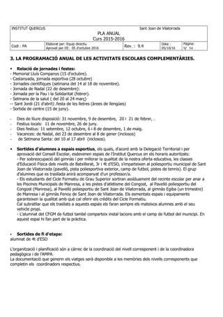 INSTITUT QUERCUS Sant Joan de Vilatorrada
PLA ANUAL
Curs 2015-2016
Codi : PA
Elaborat per: Equip directiu
Aprovat per CE: 05 d'octubre 2016
Rev. : 9.4
Data :
05/10/16
Pàgina:
9/ 54
3. LA PROGRAMACIÓ ANUAL DE LES ACTIVITATS ESCOLARS COMPLEMENTÀRIES.
Relació de jornades i festes:
- Memorial Lluís Companys (15 d'octubre).
- Castanyada, jornada esportiva (28 octubre)
- Jornades científiques (setmana del 14 al 18 de novembre).
- Jornada de Nadal (22 de desembre):
- Jornada per la Pau i la Solidaritat (febrer).
- Setmana de la salut ( del 20 al 24 març)
-- Sant Jordi (21 d'abril):.festa de les lletres (àrees de llengües)
- Sortida de centre (15 de juny).
- Dies de lliure disposició: 31 novembre, 9 de desembre, 20 i 21 de febrer, .
- Festius locals: 11 de novembre, 26 de juny.
- Dies festius: 11 setembre, 12 octubre, 6 i 8 de desembre, 1 de maig.
- Vacances: de Nadal, del 23 de desembre al 8 de gener (inclosos)
- de Setmana Santa: del 10 al 17 abril (inclosos).
Sortides d'alumnes a espais esportius, els quals, d'acord amb la Delegació Territorial i per
aprovació del Consell Escolar, esdevenen espais de l'Institut Quercus en els horaris autoritzats:
- Per sobreocupació del gimnàs i per millorar la qualitat de la nostra oferta educativa, les classes
d'Educació Física dels nivells de Batxillerat, 3r i 4t d'ESO, s'imparteixen al poliesportiu municipal de Sant
Joan de Vilatorrada (pavelló, pista poliesportiva exterior, camp de futbol, pistes de tennis). El grup
d'alumnes que es trasllada anirà acompanyat d'un professor/a.
- Els estudiants del Cicle Formatiu de Grau Superior sortiran assíduament del recinte escolar per anar a
les Piscines Municipals de Manresa, a les pistes d'atletisme del Congost, al Pavelló poliesportiu del
Congost (Manresa), al Pavelló poliesportiu de Sant Joan de Vilatorrada, al gimnàs Egiba (un trimestre)
de Manresa i al gimnàs Fenoy de Sant Joan de Vilatorrada. Els esmentats espais i equipaments
garanteixen la qualitat amb què cal oferir els crèdits del Cicle Formatiu.
Cal subratllar que els trasllats a aquests espais els faran sempre els mateixos alumnes amb el seu
vehicle propi.
- L'alumnat del CFGM de futbol també comparteix instal·lacions amb el camp de futbol del municipi. En
aquest espai hi fan part de la pràctica.
Sortides de fi d'etapa:
alumnat de 4t d'ESO
L’organització i planificació són a càrrec de la coordinació del nivell corresponent i de la coordinadora
pedagògica i de l’AMPA.
La documentació que generin els viatges serà disponible a les memòries dels nivells corresponents que
completin els coordinadors respectius.
 