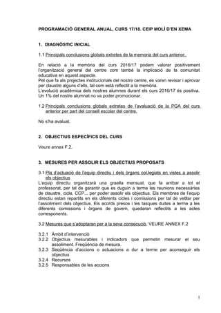 PROGRAMACIÓ GENERAL ANUAL, CURS 17/18. CEIP MOLÍ D’EN XEMA
1. DIAGNÒSTIC INICIAL
1.1 Principals conclusions globals extretes de la memoria del curs anterior.
En relació a la memòria del curs 2016/17 podem valorar positivament
l’organització general del centre com també la implicació de la comunitat
educativa en aquest aspecte.
Pel que fa als projectes institucionals del nostre centre, es varen revisar i aprovar
per claustre alguns d’ells, tal com està reflectit a la memòria.
L’evolució acadèmica dels nostres alumnes durant els curs 2016/17 és positiva.
Un 1% del nostre alumnat no va poder promocionar.
1.2 Principals conclusions globals extretes de l’avaluació de la PGA del curs
anterior per part del consell escolar del centre.
No s’ha avaluat.
2. OBJECTIUS ESPECÍFICS DEL CURS
Veure annex F.2.
3. MESURES PER ASSOLIR ELS OBJECTIUS PROPOSATS
3.1 Pla d’actuació de l’equip directiu i dels òrgans col.legiats en vistes a assolir
els objectius
L’equip directiu organitzarà una graella mensual, que fa arribar a tot el
professorat, per tal de garantir que es duguin a terme les reunions necessàries
de claustre, cicle, CCP... per poder assolir els objectius. Els membres de l’equip
directiu estan repartits en els diferents cicles i comissions per tal de vetllar per
l’assoliment dels objectius. Els acords presos i les tasques duites a terme a les
diferents comissions i òrgans de govern, quedaran reflectits a les actes
corresponents.
3.2 Mesures que s’adoptaran per a la seva consecució. VEURE ANNEX F.2
3.2.1 Àmbit d’intervenció
3.2.2 Objectius mesurables i indicadors que permetin mesurar el seu
assoliment. Freqüència de mesura.
3.2.3 Seqüència d’accions o actuacions a dur a terme per aconseguir els
objectius
3.2.4 Recursos
3.2.5 Responsables de les accions
1
 