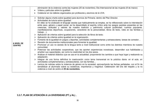 eliminación de la violencia contra las mujeres (25 de noviembre), Día Internacional de las mujeres (8 de marzo)
• Vídeos y películas sobre la igualdad.
• Colaborar en los talleres organizados por profesores y alumnos de la UVA.
A NIVEL DE
CENTRO
 Solicitar alguna charla sobre igualdad para alumnos de Primaria, dentro del Plan Director.
 Actividades de tutoría sobre igualdad:
En ellas se ha analizado el lenguaje sexista que habitualmente se emplea, se ha reflexionado sobre la interrelación
entre sexo, género y papel social, se ha desarrollado el espíritu crítico ante los sesgos sexistas presentes en las
creencias, actitudes y valores de nuestra tradición y patrimonio cultural (publicidad, cuentos populares,
manifestaciones deportivas, ocupaciones, caracteres de la personalidad, libros de texto, roles en las familias y
trabajo…).
 Aplicación de criterios sobre igualdad para la selección de libros de texto.
 Aplicación de criterios sobre igualdad en la organización.
 Fomento de la igualdad en juegos y deportes, actividades complementarias y extraescolares, tareas de comedor…
 Revisión de documentos institucionales para fomentar la igualdad.
 Promover un uso no sexista de la lengua tanto a nivel institucional como entre los distintos miembros de nuestra
comunidad.
 Potenciar las actividades cooperativas, que les aporten experiencias novedosas, desarrollen sus habilidades y
amplíen sus capacidades, así como la creatividad en los dos sexos.
 Analizar el material didáctico que se usa en la actualidad, proponiendo los cambios a que haya lugar y realizando su
adaptación.
 Integrar de una forma definitiva la coeducación como tema transversal en la práctica diaria: en el aula, en
actividades complementarias y extraescolares, con las familias…
 Lectura de noticias sobre la violencia de género en la sociedad, aprovechando las fechas señaladas, con el fin de
sensibilizar al alumnado sobre su existencia, importancia y magnitud. Celebración del Día del respeto y la no
violencia a nivel de centro el 25 de noviembre.
3.3.7. PLAN DE ATENCIÓN A LA DIVERSIDAD (PT y AL) .
38
 