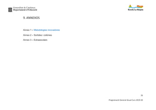 Generalitat de Catalunya
Departament d’Educació
26
Programació General Anual Curs 2019-20
9. ANNEXOS
Annex 1 – Metodologies innovadores
Annex 2 – Sortides i colònies
Annex 3 – Extraescolars
 
