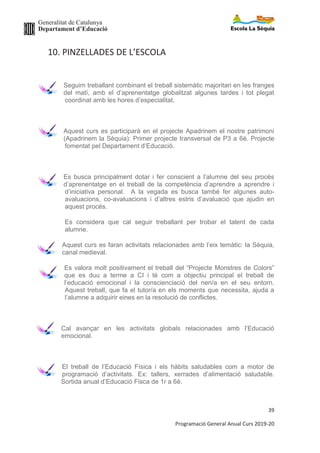 Generalitat de Catalunya
Departament d’Educació
39
Programació General Anual Curs 2019-20
10. PINZELLADES DE L’ESCOLA
Seguim treballant combinant el treball sistemàtic majoritari en les franges
del matí, amb el d’aprenentatge globalitzat algunes tardes i tot plegat
coordinat amb les hores d’especialitat.
Aquest curs es participarà en el projecte Apadrinem el nostre patrimoni
(Apadrinem la Sèquia): Primer projecte transversal de P3 a 6è. Projecte
fomentat pel Departament d’Educació.
Es busca principalment dotar i fer conscient a l’alumne del seu procés
d’aprenentatge en el treball de la competència d’aprendre a aprendre i
d’iniciativa personal. A la vegada es busca també fer algunes auto-
avaluacions, co-avaluacions i d’altres estris d’avaluació que ajudin en
aquest procés.
Es considera que cal seguir treballant per trobar el talent de cada
alumne.
Aquest curs es faran activitats relacionades amb l’eix temàtic: la Sèquia,
canal medieval.
Es valora molt positivament el treball del “Projecte Monstres de Colors”
que es duu a terme a CI i té com a objectiu principal el treball de
l’educació emocional i la conscienciació del nen/a en el seu entorn.
Aquest treball, que fa el tutor/a en els moments que necessita, ajuda a
l’alumne a adquirir eines en la resolució de conflictes.
Cal avançar en les activitats globals relacionades amb l’Educació
emocional.
El treball de l’Educació Física i els hàbits saludables com a motor de
programació d’activitats. Ex: tallers, xerrades d’alimentació saludable.
Sortida anual d’Educació Fisca de 1r a 6è.
 