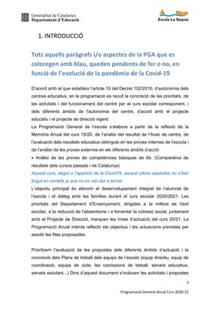 Generalitat de Catalunya
Departament d’Educació
3
Programació General Anual Curs 2020-21
1. INTRODUCCIÓ
Tots aquells paràgrafs i/o aspectes de la PGA que es
coloregen amb blau, queden pendents de fer o no, en
funció de l’evolució de la pandèmia de la Covid-19
D’acord amb el que estableix l’article 10 del Decret 102/2010, d’autonomia dels
centres educatius, en la programació es recull la concreció de les prioritats, de
les activitats i del funcionament del centre per al curs escolar corresponent, i
dels diferents àmbits de l'autonomia del centre, d'acord amb el projecte
educatiu i el projecte de direcció vigent.
La Programació General de l’escola s’elabora a partir de la reflexió de la
Memòria Anual del curs 19/20, de l’anàlisi del resultat de l’Avac de centre, de
l’avaluació dels resultats educatius obtinguts en les proves internes de l’escola i
de l’anàlisi de les proves externes en els diferents àmbits d’acció:
 Anàlisi de les proves de competències bàsiques de 6è. (Comparativa de
resultats dels cursos passats i de Catalunya)
Aquest curs, degut a l’aparició de la Covid19, aquest últims aspectes no s’han
tingut en compte ja que no es van dur a terme.
L’objectiu principal és afavorir el desenvolupament integral de l’alumnat de
l’escola i el diàleg amb les famílies durant el curs escolar 2020/2021. Les
prioritats del Departament d’Ensenyament, dirigides a la millora de l’èxit
escolar, a la reducció de l’absentisme i a fomentar la cohesió social, juntament
amb el Projecte de Direcció, marquen les línies d’actuació del curs 20/21. La
Programació Anual intenta reflectir els objectius i les actuacions previstes per
assolir les fites proposades.
Prioritzem l’avaluació de les propostes dels diferents àmbits d’actuació i la
concreció dels Plans de treball dels equips de l’escola (equip directiu, equip de
coordinació, equips de cicle, les comissions de treball, serveis educatius,
serveis escolars...) Dins d’aquest document s’inclouen les activitats i propostes
 