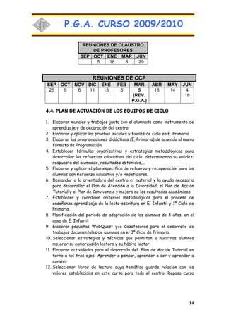P.G.A. CURSO 2009/2010

                   REUNIONES DE CLAUSTRO
                      DE PROFESORES
                  SEP OCT ENE MAR JUN
                        5   18    8    29


                        REUNIONES DE CCP
SEP OCT NOV DIC              ENE     FEB      MAR      ABR      MAY     JUN
 25  9   6  11                15      5         5       16       14       4
                                             (REV.                       18
                                             P.G.A.)

4.4. PLAN DE ACTUACIÓN DE LOS EQUIPOS DE CICLO

1. Elaborar murales y trabajos junto con el alumnado como instrumento de
    aprendizaje y de decoración del centro.
2. Elaborar y aplicar las pruebas iniciales y finales de ciclo en E. Primaria.
3. Elaborar las programaciones didácticas (E. Primaria) de acuerdo al nuevo
    formato de Programación.
4. Establecer fórmulas organizativas y estrategias metodológicas para
    desarrollar los refuerzos educativos del ciclo, determinando su validez:
    respuesta del alumnado, resultados obtenidos,...
5. Elaborar y aplicar el plan específico de refuerzo y recuperación para los
    alumnos con Refuerzo educativo y/o Repetidores.
6. Demandar a la orientadora del centro el material y la ayuda necesaria
    para desarrollar el Plan de Atención a la Diversidad, el Plan de Acción
    Tutorial y el Plan de Convivencia y mejora de los resultados académicos.
7. Establecer y coordinar criterios metodológicos para el proceso de
    enseñanza-aprendizaje de la lecto-escritura en E. Infantil y 1º Ciclo de
    Primaria.
8. Planificación del período de adaptación de los alumnos de 3 años, en el
    caso de E. Infantil
9. Elaborar pequeñas WebQuest y/o Cazatesoros para el desarrollo de
    trabajos documentales de alumnos en el 3º Ciclo de Primaria.
10. Seleccionar estrategias y técnicas que permitan a nuestros alumnos
    mejorar su comprensión lectora y su hábito lector.
11. Elaborar actividades para el desarrollo del Plan de Acción Tutorial en
    torno a los tres ejes: Aprender a pensar, aprender a ser y aprender a
    convivir
12. Seleccionar libros de lectura cuya temática guarde relación con los
    valores establecidos en este curso para todo el centro: Repaso curso




                                                                           14
 