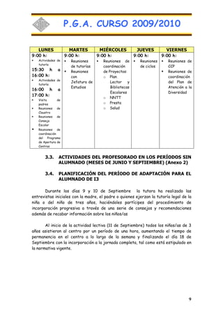 P.G.A. CURSO 2009/2010

   LUNES              MARTES          MIÉRCOLES            JUEVES          VIERNES
9:00 h:             9:00 h:          9:00 h:              9:00 h:        9:00 h:
   Actividades de      Reuniones        Reuniones de         Reuniones      Reuniones de
   tutoría
                       de tutorías      coordinación         de ciclos      CCP
15:30 h        a       Reuniones        de Proyectos:                       Reuniones de
16:00 h:               con              o Plan                              coordinación
   Actividades de
                       Jefatura de          Lector    y                     del Plan de
   tutoría
                       Estudios             Bibliotecas                     Atención a la
16:00 h        a
                                            Escolares                       Diversidad
17:00 h:
                                        o NNTT
   Visita      de
   padres                               o Presta
   Reuniones   de                       o Salud
   Claustro
   Reuniones   de
   Consejo
   Escolar
   Reuniones de
   coordinación
   del Programa
   de Apertura de
   Centros


       3.3.     ACTIVIDADES DEL PROFESORADO EN LOS PERÍODOS SIN
                ALUMNADO (MESES DE JUNIO Y SEPTIEMBRE) (Anexo 2)

       3.4.     PLANIFICACIÓN DEL PERÍODO DE ADAPTACIÓN PARA EL
                ALUMNADO DE I3

       Durante los días 9 y 10 de Septiembre la tutora ha realizado las
entrevistas iniciales con la madre, el padre o quienes ejerzan la tutoría legal de la
niña o del niño de tres años, haciéndoles partícipes del procedimiento de
incorporación progresiva a través de una serie de consejos y recomendaciones
además de recabar información sobre los niños/as

       Al inicio de la actividad lectiva (11 de Septiembre) todos los niños/as de 3
años asistieron al centro por un período de una hora, aumentando el tiempo de
permanencia en el centro a lo largo de la semana y finalizando el día 18 de
Septiembre con la incorporación a la jornada completa, tal como está estipulado en
la normativa vigente.




                                                                                       9
 