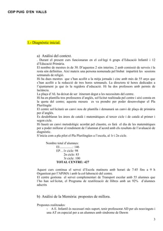 CEIP PUIG D’EN VALLS




          1.- Diagnòstic inicial.


                a) Anàlisi del context.
                . Durant el present curs funcionaran en el col·legi 6 grups d’Educació Infantil i 12
                d’Educació Primària.
                El nombre de mestres és de 30. D’aquestos 2 són interins; 2 amb comissió de serveis i la
                resta són definitius. Així mateix una persona nomenada pel bisbat impartirà les sessions
                setmanals de religió.
                Hi ha dues mestres que s’han acollit a la mitja jornada i cinc amb més de 55 anys que
                s’han acollit a la reducció de tres hores setmanals. La directora té hores dedicades a
                l’ajuntament ja que és la regidora d’educació. Hi ha dos professors amb permís de
                lactància.
                La plaça d’AL ha deixat de ser itinerant degut a les necessitats del centre.
                Hi ha en plantilla tres professores d’anglés, sol·licitut realitzada pel centre i així consta en
                la quota del centre; aquesta mesura es va prendre per poder desenvolupar el Pla
                Plurilingüe
                El centre sol·licitarà un canvi nou de plantilla i demanarà un canvi de plaça de primària
                per d’anglés.
                Es desdoblaran les àrees de català i matemàtiques al tercer cicle i de català al primer i
                segon cicle.
                Hi haurà un canvi metodològic acordat pel claustre, es farà el dia de les matemàtiques
                per a poder millorar el rendiment de l’alumnat d’acord amb els resultats de l’avaluació de
                diagnòstic.
                S’inicia com a pla pilot el Pla Plurilingües a l’escola, al 1r i 2n cicle.

                       Nombre total d’alumnes:
                             EI................: 146
                             EP…1r cicle: 98
                                    2n cicle: 83
                                    3r cicle: 100
                             TOTAL CENTRE: 427

                Aquest curs continua el servei d’Escola matinera amb horari de 7:45 fins a 9 h
                Organitzat per l’APiMA i amb la col·laboració del centre.
                El centre gestiona el servei complementari de Transport escolar amb 55 alumnes que
                l’ho han sol·licitat, el Programa de reutilització de llibres amb un 92% d’alumnes
                adscrits


                b) Anàlisi de la Memòria: propostes de millora.

                Propostes realitzades:
                       - A E. Infantil és necessari més suport, tenir professorat AD per als nouvinguts i
                       una AT en especial per a un alumnes amb síndrome de Dawm

                                                                                                              3
 