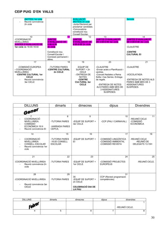 CEIP PUIG D’EN VALLS

         (NOTES) 1er cicle                               AVALUACIÓ                                                3ercicle
    -    Reunió convivència                              (NOTES) 2n cicle
         2n cicle                                        -Junta Electoral per
                                                         proclamar candidats.
                                                         -Convocatòria
                                                         constitució nou
                                                         Consell Escolar.
                10                                  11                    12           13                                        14
-COORDINACIÓ                      JUNTES                 JUNTES                 JUNTES D’AVALUACIÓ                JUNTES D’AVALUACIÓ
NIVELL/ÀREA                       D’AVALUACIÓ DE         D’AVALUACIÓ DE         DE 8:00-9:00 3er cicle            DE 8:00-9:00 3er cicle
JUNTES D’AVALUACIÓ DE             8:00-9:00              8:00-9:00 2n cicle
1er cicle de 16:00-18:00          2n cicle                                                                        -CLAUSTRE

                                  Constitució nou                                                                 -CENTRE
                                  Consell Escolar i                                                               CULTURAL EI
                                  Comissió permanent i
                                  altres.
                    17                              18           19                           20                                      21

    -COMISSIÓ EUROPEA               -TUTORIA PARES            -EQUIP DE         -CLAUSTRE                         -CLAUSTRE
- COORDINACIÓ                     -CENTRE CULTURAL          SUPORT + 2n         -Enviar actes a Planificació i
NIVELL/ÀREA                            2n CICLE                  CICLE          centres.
  -CENTRE CULTURAL 1er                                     - ENTREGA DE         -Concert Nadales a Reina          -XOCOLATADA
           CICLE                                                NOTES           Sofia i Cas Serres. Entrega
     -   Reunió convivència                                    -CENTRE          de regals.                        -ENTREGA DE NOTES ALS
         3er CICLE                                         CULTURAL 3er                                           PARES AMB MÉS DE 3
                                                                 CICLE           -ENTREGA DE NOTES                ASSIGNATURES
                                                                                ALS PARES AMB MÉS DE              SUSPESES.
                                                                                   3 ASSIGNATURES
                                                                                      SUSPESES.




         DILLUNS                         dimarts              dimecres                        dijous                         Divendres


              7                                    8                     9                                       10                         11
    -    COORDINACIÓ                                                                                                  -REUNIÓ CICLE
         NIVELL/ÀREA.               -TUTORIA PARES       -EQUIP DE SUPORT +          -CCP (PAU I CARNAVAL)            -COMISSIÓ
    -    COMISSIÓ                                        3er CICLE                                                    ECONÒMICA
         ECONÒMICA 19 H             -XARRADA PARES
    -    Reunió convivència EI      CEPCA.

               14                                  15                    16                                      17                        18

    -    COORDINACIÓ                -TUTORIA PARES       -EQUIP DE SUPORT +         -COMISSIÓ LINGÜÍSTICA             -REUNIÓ CICLE
         NIVELL/ÀREA                -16:00 CONSELL       EI                         -COMISSIÓ AMBIENTAL                   -REUNIÓ DE
    -    CONSELL ESCOLAR            ESCOLAR                                         -COMISSIÓ REVISTA                   DELEGATS 13:15H
    -    Reunió convivència 1er
         cicle


                  21                               22                     23                                     24                         25

-COORDINACIÓ NIVELL/ÀREA            -TUTORIA PARES       -EQUIP DE SUPORT +         -COMISSIÓ PROJECTES                       -REUNIÓ CICLE.
    -  Reunió convivència 2n                             1er CICLE                  EUROPEUS
       cicle


                    28                             29                                                      31
                                                         30                         CCP (Revisió programació
-COORDINACIÓ NIVELL/ÀREA            -TUTORIA PARES       -EQUIP DE SUPORT +         competències)
                                                         2n CICLE
    -    Reunió convivència 3er
         CICLE                                           CELEBRACIÓ DIA DE
                                                         LA PAU



        DILLUNS                     dimarts                dimecres                  dijous                      divendres
                                                                                                                                  1

                                                                                                       -REUNIÓ CICLE.
                    4                         5                           6                        7                              8


                                                                                                                                            30
 