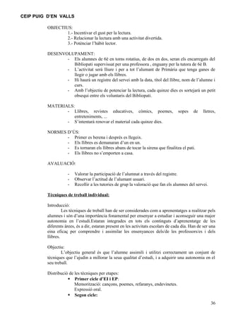 CEIP PUIG D’EN VALLS

         OBJECTIUS:
                 1.- Incentivar el gust per la lectura.
                 2.- Relacionar la lectura amb una activitat divertida.
                 3.- Potènciar l’hàbit lector.

         DESENVOLUPAMENT:
                - Els alumnes de 6è en torns rotatius, de dos en dos, seran els encarregats del
                  Bibliopati supervissat per una professora , enguany per la tutora de 6è B.
                - L’activitat serà lliure i per a tot l’alumant de Primària que tenga ganes de
                  llegir o jugar amb els llibres.
                - Hi haurà un registre del servei amb la data, títol del llibre, nom de l’alumne i
                  curs.
                - Amb l’objectiu de potenciar la lectura, cada quinze dies es sortejarà un petit
                  obsequi entre els voluntaris del Bibliopati.

         MATERIALS:
                - Llibres, revistes educatives, còmics, poemes,                     sopes    de   lletres,
                   entreteniments, ...
                - S’intentarà renovar el material cada quinze dies.

         NORMES D’ÚS:
                - Primer es berena i després es llegeix.
                - Els llibres es demanaran d’un en un.
                - Es tornaran els llibres abans de tocar la sirena que finalitza el pati.
                - Els llibres no s’emporten a casa.

         AVALUACIÓ:

                    -   Valorar la participació de l’alumnat a través del registre.
                    -   Observar l’actitud de l’alumant usuari.
                    -   Recollir a les tutories de grup la valoració que fan els alumnes del servei.

         Tècniques de treball individual:

         Introducció:
                  Les tècniques de treball han de ser considerades com a aprenentatges a realitzar pels
         alumnes i són d’una importància fonamental per ensenyar a estudiar i aconseguir una major
         autonomia en l’estudi.Estaran integrades en tots els continguts d’aprenentatge de les
         diferents àrees, és a dir, estaran present en les activitats escolars de cada dia. Han de ser una
         eina eficaç per comprendre i assimilar les ensenyances dels/de les professors/es i dels
         llibres.

         Objectiu:
                 L’objectiu general és que l’alumne assimili i utilitzi correctament un conjunt de
         tècniques que l’ajudin a millorar la seua qualitat d’estudi, i a adquirir una autonomia en el
         seu treball.

         Distribució de les tècniques per etapes:
                     Primer cicle d’EI i EP:
                        Memorització: cançons, poemes, refaranys, endevinetes.
                        Expressió oral.
                     Segon cicle:
                                                                                                       36
 