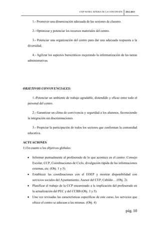 CEIP NSTRA. SEÑORA DE LA CONCEPCIÓN   2012-2013



       1.- Promover una dinamización adecuada de las sesiones de claustro.

       2.- Optimizar y potenciar los recursos materiales del centro.

       3.- Potenciar una organización del centro para dar una adecuada respuesta a la
   diversidad.

       4.- Agilizar los aspectos burocráticos mejorando la informatización de las tareas
   administrativas.




OBJETIVOS CONVIVENCIALES:

       1.-Potenciar un ambiente de trabajo agradable, distendido y eficaz entre todo el
   personal del centro.

       2.- Garantizar un clima de convivencia y seguridad a los alumnos, favoreciendo
   la integración sin discriminaciones.

       3.- Propiciar la participación de todos los sectores que conforman la comunidad
   educativa.

ACTUACIONES
1) En cuanto a los objetivos globales:

       Informar puntualmente al profesorado de lo que acontece en el centro: Consejo
       Escolar, CCP, Coordinaciones de Ciclo, divulgación rápida de las informaciones
       externas, etc. (Obj. 1 y 5).
       Establecer las coordinaciones con el EOEP y mostrar disponibilidad con
       servicios sociales del Ayuntamiento, Asesor del CEP, Cabildo… (Obj. 2).
       Planificar el trabajo de la CCP encaminado a la implicación del profesorado en
       la actualización del PEC y del CCBB (Obj. 3 y 5).
       Una vez revisadas las características específicas de este curso, los servicios que
       ofrece el centro se adecuan a las mismas. (Obj. 4)

                                                                                  pág. 10
 