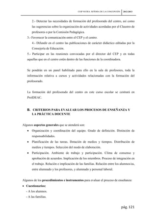 CEIP NSTRA. SEÑORA DE LA CONCEPCIÓN    2012-2013



       2.- Detectar las necesidades de formación del profesorado del centro, así como
       las sugerencias sobre la organización de actividades acordadas por el Claustro de
       profesores o por la Comisión Pedagógica.
   3.- Favorecer la comunicación entre el CEP y el centro.
       4.- Difundir en el centro las publicaciones de carácter didáctico editadas por la
       Consejería de Educación.
   5.- Participar en las reuniones convocadas por el director del CEP y en todas
   aquellas que en el centro estén dentro de las funciones de la coordinadora.


   Se pondrán en un panel habilitado para ello en la sala de profesores, toda la
   información relativa a cursos y actividades relacionadas con la formación del
   profesorado.


   La formación del profesorado del centro en este curso escolar se centrará en
   ProIDEAC.


   B. CRITERIOS PARA EVALUAR LOS PROCESOS DE ENSEÑANZA Y
      LA PRÁCTICA DOCENTE


Algunos aspectos generales que se atenderá son:
       Organización y coordinación del equipo. Grado de definición. Distinción de
       responsabilidades.
       Planificación de las tareas. Dotación de medios y tiempos. Distribución de
       medios y tiempos. Selección del modo de elaboración.
       Participación. Ambiente de trabajo y participación. Clima de consenso y
       aprobación de acuerdos. Implicación de los miembros. Proceso de integración en
       el trabajo. Relación e implicación de las familias. Relación entre los alumnos/as,
       entre alumnado y los profesores, y alumnado y personal laboral.


Algunos de los procedimientos e instrumentos para evaluar el proceso de enseñanza:
  Cuestionarios:
  - A los alumnos.
  - A las familias.


                                                                                 pág. 121
 