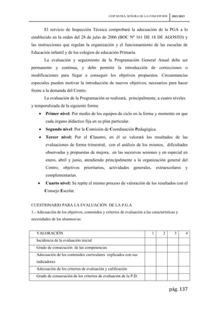 CEIP NSTRA. SEÑORA DE LA CONCEPCIÓN      2012-2013



        El servicio de Inspección Técnica comprobará la adecuación de la PGA a lo
establecido en la orden del 28 de julio de 2006 (BOC Nº 161 DE 18 DE AGOSTO) y
las instrucciones que regulan la organización y el funcionamiento de las escuelas de
Educación infantil y de los colegios de educación Primaria.
        La evaluación y seguimiento de la Programación General Anual debe ser
permanente y continua, y debe permitir la introducción de correcciones o
modificaciones para llegar a conseguir los objetivos propuestos. Circunstancias
especiales pueden motivar la introducción de nuevos objetivos, necesarios para hacer
frente a la demanda del Centro.
        La evaluación de la Programación se realizará, principalmente, a cuatro niveles
y temporalizada de la siguiente forma:
         Primer nivel: Por medio de los equipos de ciclo en la forma y momento en que
         cada órgano didáctico fija en su plan particular.
         Segundo nivel: Por la Comisión de Coordinación Pedagógica.
         Tercer nivel: Por el Claustro, en él se valorará los resultados de las
         evaluaciones de forma trimestral, con el análisis de los mismos, dificultades
         observadas y propuestas de mejora, en las sucesivas sesiones y en especial en
         enero, abril y junio, atendiendo principalmente a la organización general del
         Centro,    objetivos    prioritarios,   actividades    generales,       extraescolares       y
         complementarias.
         Cuarto nivel: Se repite el mismo proceso de valoración de los resultados con el
        Consejo Escolar.


CUESTIONARIO PARA LA EVALUACIÓN DE LA P.G.A
1.- Adecuación de los objetivos, contenidos y criterios de evaluación a las características y
necesidades de los alumnos/as:


   VALORACIÓN                                                                1       2     3          4
   Incidencia de la evaluación inicial
   Grado de consecución de las competencias
   Adecuación de los contenidos curriculares explicados con sus
   indicadores
   Adecuación de los criterios de evaluación y calificación
   Grado de consecución de los criterios de evaluación de la P.D.


                                                                                         pág. 137
 