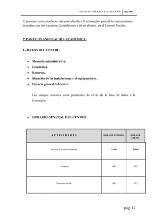CEIP NSTRA. SEÑORA DE LA CONCEPCIÓN   2012-2013



El presente curso escolar se está procediendo a la renovación parcial de representantes
de padres con dos vacantes, de profesores y de un alumno en el Consejo Escolar.



3ª PARTE: PLANIFICACIÓN ACADÉMICA:


1.- DATOS DEL CENTRO:


       Memoria administrativa.
       Estadística.
       Recursos.
       Situación de las instalaciones y el equipamiento.
       Horario general del centro.


       Los campos ausentes están pendientes de envío de la base de datos a la
       Consejería




       HORARIO GENERAL DEL CENTRO




                      ACTIVIDADES                                         HORA DE ENTRADA         HORA DE
                                                                                                   SALIDA




                      Servicio de Atención temprana                             7:30H               9:00H




                               Transporte                                        NO                     NO




                            Desayuno escolar                                     NO                     NO




                                                                                            pág. 17
 