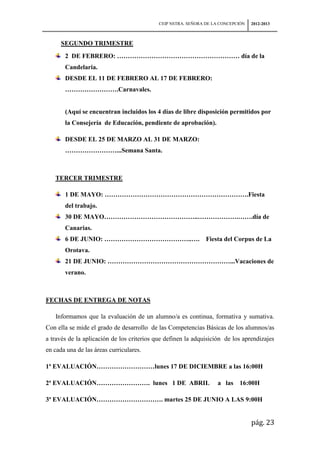 CEIP NSTRA. SEÑORA DE LA CONCEPCIÓN   2012-2013



      SEGUNDO TRIMESTRE
       2 DE FEBRERO: ………………………………………………… día de la
       Candelaria.
       DESDE EL 11 DE FEBRERO AL 17 DE FEBRERO:
       …………………….Carnavales.


       (Aquí se encuentran incluidos los 4 días de libre disposición permitidos por
       la Consejería de Educación, pendiente de aprobación).

       DESDE EL 25 DE MARZO AL 31 DE MARZO:
       ……………………...Semana Santa.



   TERCER TRIMESTRE

       1 DE MAYO: ………………………………………………………….Fiesta
       del trabajo.
       30 DE MAYO……………………………………..……………….…….día de
       Canarias.
       6 DE JUNIO: …………………………………..….                           Fiesta del Corpus de La
       Orotava.
       21 DE JUNIO: …………………………………………………...Vacaciones de
       verano.



FECHAS DE ENTREGA DE NOTAS

   Informamos que la evaluación de un alumno/a es continua, formativa y sumativa.
Con ella se mide el grado de desarrollo de las Competencias Básicas de los alumnos/as
a través de la aplicación de los criterios que definen la adquisición de los aprendizajes
en cada una de las áreas curriculares.

1ª EVALUACIÓN………………………lunes 17 DE DICIEMBRE a las 16:00H

2ª EVALUACIÓN……………………. lunes 1 DE ABRIL                            a las 16:00H

3ª EVALUACIÓN…………………………. martes 25 DE JUNIO A LAS 9:00H


                                                                                  pág. 23
 