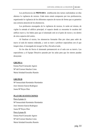 CEIP NSTRA. SEÑORA DE LA CONCEPCIÓN   2012-2013



       Los profesores/as de PRIMARIA establecerán dos turnos realizándose en días
alternos la vigilancia de recreos. Cada turno estará compuesto por tres profesores/as,
organizando la vigilancia de los diferentes espacios de recreo de forma que se garantice
una correcta atención de los alumnos/as.
       Los profesores encargados de la vigilancia de recreos, lo serán así mismo, de
vigilar la entrada al edificio principal, el espacio donde se encuentra la escalera del
edificio nuevo y los baños para que el alumnado esté en el patio de recreo y no dentro
de otros espacios del centro.
       Al finalizar el recreo, los alumnos/as formarán filas por clase para subir de
nuevo al aula de manera ordenada, y será su tutor o profesor especialista con el que
tengan clase, el encargado de recoger la fila y llevarla al aula.
       En los días de lluvia el alumnado permanecerá en el aula con su tutor/a. Los
especialistas y el Equipo Directivo pasarán por las aulas para que los tutores puedan
desayunar.


GRUPO A
Emma Noel Carracedo Agnew
Mª del Carmen Sánchez Lima
María Soledad González Ramón


GRUPO B
Mª Inmaculada Hernández Hernández
José Antonio García Rodríguez
Juana Mª Reyes Díaz


PLAN DE SUSTITUCIONES
Para el grupo A:
Mª Inmaculada Hernández Hernández
José Antonio García Rodríguez
Juana Mª Reyes Díaz
Para el grupo B:
Emma Noel Carracedo Agnew
Mª del Carmen Sánchez Lima
María Soledad González Ramón
                                                                                    pág. 33
 