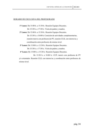 CEIP NSTRA. SEÑORA DE LA CONCEPCIÓN   2012-2013




HORARIO DE EXCLUSIVA DEL PROFESORADO


     1º Lunes: De 15:00 h. a 15:30 h.: Reunión Equipos Docentes.
              De 15:30 h. a 17:30 h.: Visita de padres y madres.
     2º Lunes: De 15:00 h. a 15:30 h.: Reunión Equipos Docentes.
              De 15:30 h. a 18:00 h: Comisión de actividades complementarias,
              reunión tutor/a con profesora de PT, reunión CLIL con tutores/as y
              coordinación entre profesores de mismo nivel.
     3º Lunes: De 15:00 h. a 15:30 h.: Reunión Equipos Docentes.
              De 15:30 h. a 17:30 h.: Visita de padres y madres.
     4º Lunes: De 15:00 h. a 15:30 h.: Reunión Equipos Docentes.
                      De 15:30 h. a 18:00 h.: CCP, tutor/a con profesora de PT
    y/o orientador. Reunión CLIL con tutores/as y coordinación entre profesores de
    mismo nivel.




                                                                             pág. 34
 