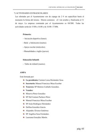 CEIP NSTRA. SEÑORA DE LA CONCEPCIÓN   2012-2013



7) ACTIVIDADES EXTRAESCOLARES
 Las ofertadas por el Ayuntamiento son de copago de 2 € sin especificar hasta el
 momento la forma del mismo. Dieron comienzo el 1 de octubre y finalizarán el 31
 de mayo. La empresa contratada por el Ayuntamiento es OCIDE. Todas las
 actividades serán de 15:00 a 16:00 y de 16:00- 17:00h.


          Primaria:

          - Iniciación deportiva (lunes).

          - Baile y baloncesto (martes).

          - Apoyo escolar (miércoles).

          - Manualidades e inglés (jueves).



          Educación Infantil:

          - Taller de infantil (martes).



      AMPA

      Está formada por:
              La presidenta: Carmen Luisa Hernández Sosa.
              Secretario: Manuel Francisco Mesa Escobar
              Tesorera: Mª Dolores Carballo González.
              Vocales:
              Minerva Pérez González
              Mª Del Carmen Pacheco Pérez
              Manuel Francisco Mesa Escobar
              Mª Jesús Rodríguez Hernández
              Delfina González García
              Alejandro Álvarez Gutiérrez
              Mª Angélica Sosa Fernández.
              Laureana González Martín.




                                                                                  pág. 43
 