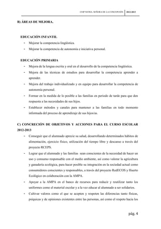 CEIP NSTRA. SEÑORA DE LA CONCEPCIÓN   2012-2013



B) ÁREAS DE MEJORA.



  EDUCACIÓN INFANTIL
    -   Mejorar la competencia lingüística.
    -   Mejorar la competencia de autonomía e iniciativa personal.


  EDUCACIÓN PRIMARIA
    -   Mejora de la lengua escrita y oral en el desarrollo de la competencia lingüística.
    -   Mejora de las técnicas de estudios para desarrollar la competencia aprender a
        aprender.
    -   Mejora del trabajo individualizado y en equipo para desarrollar la competencia de
        autonomía personal.
    -   Formar en la medida de lo posible a las familias en periodo de tarde para que den
        respuesta a las necesidades de sus hijos.
    -   Establecer métodos y canales para mantener a las familias en todo momento
        informada del proceso de aprendizaje de sus hijos/as.


C) CONCRECIÓN DE OBJETIVOS Y ACCIONES PARA EL CURSO ESCOLAR
2012-2013
    -   Conseguir que el alumnado aprecie su salud, desarrollando determinados hábitos de
        alimentación, ejercicio físico, utilización del tiempo libre y descanso a través del
        proyecto RCEPS.
    -   Lograr que el alumnado y las familias sean conscientes de la necesidad de hacer un
        uso y consumo responsable con el medio ambiente, así como valorar la agricultura
        y ganadería ecológica, para hacer posible su integración en la sociedad actual como
        consumidores conscientes y responsables, a través del proyecto RedECOS y Huerto
        Ecológico en colaboración con la AMPA.
    -   Apoyar a la AMPA en el banco de recursos para reducir y reutilizar tanto los
        uniformes como el material escolar y a la vez educar al alumnado a ser solidarios.
    -   Cultivar valores como el que se acepten y respeten las diferencias tanto físicas,
        psíquicas y de opiniones existentes entre las personas, así como el respeto hacia los



                                                                                        pág. 4
 