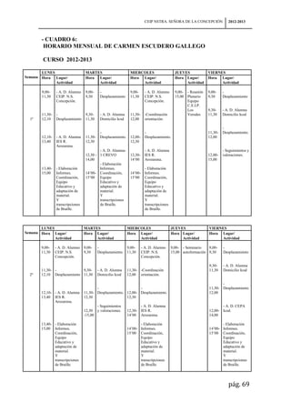 CEIP NSTRA. SEÑORA DE LA CONCEPCIÓN                2012-2013



       - CUADRO 6:
        HORARIO MENSUAL DE CARMEN ESCUDERO GALLEGO

        CURSO 2012-2013

       LUNES                        MARTES                       MIERCOLES                      JUEVES            VIERNES
Semana Hora Lugar/                  Hora Lugar/                  Hora Lugar/                    Hora Lugar/       Hora Lugar/
             Actividad                   Actividad                    Actividad                      Actividad          Actividad

        9,00-    - A. D. Alumno     9,00-     -                  9,00-      - A. D. Alumno      9,00- - Reunión   9,00-    -
        11,30    CEIP. N.S.         9,30      Desplazamiento     11,30      CEIP. N.S.          15,00 Plenario    9,30     Desplazamiento
                 Concepción.                                                Concepción.               Equipo
                                                                                                      C.E.I.P.
                                                                                                      Los         9,30-    - A. D. Alumna
        11,30-   -                  9,30-     - A. D. Alumna     11,30-     -Coordinación             Verodes     11,30    Domicilio Icod
  1ª    12,10    Desplazamiento     11,30     Domicilio Icod     12,00      orientación.

                                                                                                                           -
                                              -                             -                                     11,30-   Desplazamiento.
        12,10-   - A. D. Alumna     11,30-    Desplazamiento.    12,00-     Desplazamiento.                       12,00
        13,40    IES R.             12,30                        12,30
                 Arozarena.
                                            - A. D. Alumna-                 - A. D. Alumna                                 - Seguimientos y
                                    12,30 - 1 CREVO              12,30-     IES R.                                12,00-   valoraciones.
                                    14,00                        14’00      Arozarena.                            15,00
                                            - Elaboración
        13,40-   - Elaboración              Informes.                       - Elaboración
        15,00    Informes.          14’00- Coordinación,         14’00-     Informes.
                 Coordinación,      15’00 Equipo                 15’00      Coordinación,
                 Equipo                     Educativo y                     Equipo
                 Educativo y                adaptación de                   Educativo y
                 adaptación de              material.                       adaptación de
                 material.                  Y                               material.
                 Y                          transcripciones                 Y
                 transcripciones            de Braille.                     transcripciones
                 de Braille.                                                de Braille.
                 .


       LUNES                       MARTES                       MIERCOLES                     JUEVES              VIERNES
Semana Hora Lugar/                 Hora Lugar/                  Hora Lugar/                   Hora Lugar/         Hora Lugar/
             Actividad                  Actividad                    Actividad                     Actividad            Actividad

       9,00-     - A. D. Alumno    9,00-     -                  9,00-     - A. D. Alumno      9,00- - Seminario   9,00-    -
       11,30     CEIP. N.S.        9,30      Desplazamiento     11,30     CEIP. N.S.          15,00 autoformación 9,30     Desplazamiento
                 Concepción.                                              Concepción.

                                                                                                                  9,30-    - A. D. Alumna
       11,30- -             9,30-            - A. D. Alumna     11,30- -Coordinación                              11,30    Domicilio Icod
  2ª   12,10 Desplazamiento 11,30            Domicilio Icod     12,00 orientación.

                                                                                                                         -
                                          -                      -                                                11,30- Desplazamiento.
       12,10- - A. D. Alumna       11,30- Desplazamiento. 12,00- Desplazamiento.                                  12,00
       13,40 IES R.                12,30                  12,30
              Arozarena.
                                          - Seguimientos               - A. D. Alumna                                    - A. D. CEPA
                                   12,30 y valoraciones.        12,30- IES R.                                     12,00- Icod.
                                   -15,00 .                     14’00 Arozarena.                                  14,00

       13,40- - Elaboración                                            - Elaboración                                     - Elaboración
       15,00 Informes.                                          14’00- Informes.                                  14’00- Informes.
              Coordinación,                                     15’00 Coordinación,                               15’00 Coordinación,
              Equipo                                                   Equipo                                            Equipo
              Educativo y                                              Educativo y                                       Educativo y
              adaptación de                                            adaptación de                                     adaptación de
              material.                                                material.                                         material.
              Y                                                        Y                                                 Y
              transcripciones                                          transcripciones                                   transcripciones
              de Braille.                                              de Braille.                                       de Braille.
              .



                                                                                                                              pág. 69
 