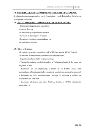 CEIP NSTRA. SEÑORA DE LA CONCEPCIÓN   2012-2013



3.5- COORDINACIONES CON OTROS PROFESIONALES DEL EAEPDV.
Se efectuarán reuniones periódicas con la Orientadora y con la Trabajadora Social según
lo estipulado en horario.
3.6.- ACTIVIDADES REALIZADAS POR LA M.A.I. EN LA SEDE:
       - Elaboración de programas específicos
       - Apoyos directos
       - Elaboración y adaptación de material
       - Revisión de documentos de interés
       - Reuniones con tutores, orientadores, etc.
       - Reunión con familias


3.7.- Otras actividades:
       - Reuniones generales mensuales con EAEPDV en sede de S/C de Tenerife.
       - Reuniones extraordinarias; seminarios de autoformación.
       - Seguimientos Semestrales correspondientes.
       - Valoración conjunta con la Orientadora y Trabajadora Social de los casos que
       surjan en la zona.
       - Reuniones con los orientadores y tutores de los Centros donde estén
       matriculados niños discapacitados visuales de seguimiento, mensual y semestral.
       - Reuniones en sede, coordinaciones, entrega de informes y trabajo con
       documentos del EAEPDV.
       - Gestiones telefónicas con otros Centros, familias y ONCE (Aplicación,
       materiales…)




                                                                                   pág. 72
 
