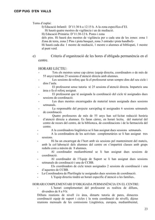 CEIP PUIG D’EN VALLS

Torns d’esplai:
I) Educació Infantil: D’11:30 h a 12:15 h. A la zona específica d’EI.
Hi haurà quatre mestres de vigilància i un de mediació.
II) Educació Primària: D’11:30-12 h. Pistes i zona
dels pins. Hi haurà dos mestres de vigilància per a cada una de les zones: zona 1
Zona de terra, zona 2 Pins i pista basquet, zona 3 entrada i pista handbol)Hi haurà cada dia: 1 mestre de mediació, 1 mestre o alumnes al bibliopati, 1 mestre
al punt verd.

Criteris d’organització de les hores d’obligada permanència en el

e)
centre.

HORARI LECTIU:
-

-

-

Tots els mestres sense cap càrrec (equip directiu, coordinadors o de més de
55 anys) tendran 25 sessions d’atenció directa amb alumnes.
Les sessions de reforç que fa el professorat seran sempre dins del seu cicle i
dins l’aula.
El professorat sense tutoria té 25 sessions d’atenció directa. Imparteix una
àrea o fa el reforç assignat.
El professorat que té assignada la coordinació del cicle té assignades dues
sessions de coordinació.
Les dues mestres encarregades de material tenen assignada dues sessions
setmanals.
La responsable del projecte xarxipèlag té assignades 6 sessions setmanals
de coordinació.
Quatre professores de més de 55 anys han sol·licitat reducció horària
d’atenció directa a alumnes. Es faran càrrec, en horari lectiu, del material del
centre de recurs del centre, de la biblioteca, de coordinacions i de la farmaciola del
centre.
A la coordinadora lingüística se li han assignat dues sessions setmanals.
A la coordinadora de les activitats complemetàries se li han assignat tres
sessions.
Hi ha un encarregat de l’hort amb sis sessions pel manteniment del mateix,
amb la col·laboració dels alumnes del centre on s’impartirà classes amb grups
reduïts com a màxim de 8 alumnes.
Al coordinador mediambiental se li han assignat dues sessions de
coordinació.
Al coordinador de l’Equip de Suport se li han assignat dues sessions
setmanals de coordinació i una de CCBB.
Els coordinadors de cicle tenen assignades 2 sessions de coordinació i una
d’aquestes de CCBB.
La Coordinadora de Plurilingüe te assignades dues sessions de coordinació.
L’Equip directiu tindrà un horari específic d’atenció a les famílies..

HORARI COMPLEMENTARI D’OBLIGADA PERMANÈNCIA EN EL CENTRE:
L’horari complementari del professorat es realitza de dilluns,
divendres de 8 a 9 h:
Dilluns reunions de nivell i/o àrea, dimarts tutoria de pares, dimecres
coordinació equip de suport i cicles ( la resta coordinació de nivell), dijous
reunions mensuals de les comissions Lingüística, europea, mediambiental,
23

 