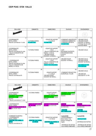 CEIP PUIG D’EN VALLS

DILLUNS

DIMARTS

DIMECRES

DIJOUS

DIVENDRES
1

4
-COORDINACIÓ
NIVELL/ÀREA
-Reunió convivència 1r cicle

5
-TUTORIA PARES
-PLANETARI.

11
-COORDINACIÓ
NIVELL/ÀREA.
-Reunió convivència 2n cicle
- Reunió CONCERTS DE
NADAL EI.

12
-TUTORIA PARES

18
- COORDINACIÓ
NIVELL/ÀREA
-Reunió convivència 3r cicle.
-Reunió CONCERTS DE
NADAL 2n CICLE.

19
-TUTORIA PARES

25

6
- EQUIP DE SUPORT
+ 3r CICLE
-PLANETARI.

13
-EQUIP DE SUPORT
+ EI A
- Reunió CONCERTS DE
NADAL 1r CICLE.
- REUNIÓ EQUIP
DOCENT 3r NIVELL.
20
-EQUIP DE SUPORT
+ EI B
-Reunió CONCERTS DE
NADAL 3r CICLE.
-SAVE THE CHILDREN

26

7
-COMISSIÓ LINGÜÍSTICA
-COMISSIÓ AMBIENTAL
-COMISSIÓ REVISTA
-PLANETARI.
14
-CCP
REVISSAR SUPORTS.
PROGRAMACIÓNS
D’AULA
ACS

8
-REUNIÓ CICLE.
-REUNIÓ EQUIP
DOCENT 2n NIVELL.
-Entregar les AC dels
alumnes NESE.
15
-REUNIÓ CICLE.

21
-REUNIÓ EQUIP
DOCENT 4t NIVELL.

22
-REUNIÓ CICLE.
-REUNIÓ EQUIP
DOCENT 5è NIVELL.
CELEBRACIÓ DIA
STA CECILIA.

27

28

29
-REUNIÓ CICLE.

-COORDINACIÓ
NIVELL/ÀREA.
-Reunió convivència EI.

-TUTORIA PARES

DILLUNS

-EQUIP SUPORT
+ 1r CICLE
-REUNIÓ EQUIP
DOCENT 6è NIVELL.

DIMARTS

2

-COMISSIÓ PROJECTES
EUROPEUS / PLURI

DIMECRES

DIJOUS

3

-REUNIÓ DE
DELEGATS 13:15h

DIVENDRES

4

-TUTORIA PARES

-EQUIP SUPORT
+2n CICLE
-ACORDS AVALUACIÓ
(NOTES) 2n cicle (equip
docent)

5
-ACORDS AVALUACIÓ
(NOTES) 3r cicle (equip
docent)

6

-COORDINACIÓ
NIVELL/ÀREA
- ACORDS AVALUACIÓ
(NOTES) 1r cicle (equip
docent)
- Reunió convivència 1r cicle
9
-COORDINACIÓ
NIVELL/ÀREA
JUNTA D’AVALUACIÓ DE 1r
cicle de 16:00-18:00.

10
JUNTA D’AVALUACIÓ
DE 2n cicle de 8:009:00.

11
JUNTES D’AVALUACIÓ
2n cicle de 8:00-9:00.

12
JUNTES
D’AVALUACIÓ 3r cicle
de 8:00-9:00.

13
JUNTES
D’AVALUACIÓ 3r cicle
de 8:00-9:00.

- CENTRE
CULTURAL EI-A

-CENTRE
CULTURAL EI-B

16
-COMISSIÓ EUROPEA
- COORDINACIÓ
NIVELL/ÀREA
-CENTRE CULTURAL 1r
CICLE
-Reunió convivència 2n.

17
-TUTORIA PARES
-CENTRE CULTURAL
2n CICLE

18
-EQUIP DE SUPORT
+ 3r CICLE
-CENTRE CULTURAL 3r
CICLE

19

20

-CLAUSTRE
-Concert Nadales a
Reina Sofia i Cas
Serres. Entrega de
regals.

-CLAUSTRE

-ENTREGA DE NOTES
ALS PARES AMB MÉS

-ENTREGA DE NOTES
ALS PARES AMB MÉS

-XOCOLATADA
-ENTREGA DE NOTES

27

 