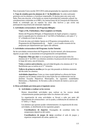 115
Para el presente Curso escolar 2015-2016 están programadas las siguientes actividades:
1. Viaje de estudios para los alumnos de 1.º de Bachillerato: Se están realizando
gestiones con los alumnos y el profesor responsable. El destino para este curso será
Italia. Para esta elección se ha tenido en cuenta la prioridad del contenido cultural, las
consideraciones contenidas en el RRI y las instrucciones de la Consejería de Educación,
donde se contempla que no superen los cinco días lectivos y que exista una
participación mayoritaria del alumnado implicado.
2. Actividades extraescolares del Programa Bilingüe:
Viajes a UK, Cheltenham y Dun Laoghaire en Irlanda.
Dentro del Programa Bilingüe, el Departamento de Inglés propone y organiza
para la segunda para los alumnos de 2.º de ESO a Cheltenham y otro para 3.º y
4.º a Irlanda en el mes de mayo.
El resto de estas actividades f iguran en el Programa correspondiente, en la
Programación del Departamento de Inglés y en el cuadro resumen de las
propuestas por departamento que f igura más adelante.
3. Actividades extraescolares del Programa Acción Tutorial.
De las actividades extraescolares del Programa de Acción tutorial, sólo destacaremos
algunas ya que todas se encuentran en la programación correspondiente.
Programa «Más que cine» es un programa en el que participan todos los
alumnos de 4.º de ESO. Los alumnos asistirán a la proyección de tres películas a
lo largo del curso, una al trimestre.
Visita a centros universitarios, una actividad dirigida a los alumnos de 2.º de
Bachillerato que se realiza en el 3.er
trimestre.
Talleres de primeros auxilios por los que irán pasando en distintos momento
del día todos los alumnos.
Actividades deportivas. Como ya viene siendo habitual se ofrecen de forma
conjunta con los demás centros de la zona Gijón Sur en colaboración con las
distintas Escuelas Deportivas Municipales, las siguientes modalidades:
Balonmano, y Badminton. Se llevarán a cabo en horario de martes y jueves por
las tardes.
4. Otras actividades previstas para el siguiente curso:
1) Actividades a realizar en los recreos
Hemos desarrollado actividades para realizar en los recreos donde
voluntariamente puedan participar todos los alumnos del centro.
La organización de estas actividades se llevará a cabo por parte del
departamento de extraescolares con la ayuda y colaboración de alumnos de
4.º ESO y 1.º Bach.
Los alumnos que quieran ayudar voluntariamente a la organización de estas
actividades, se distribuirán en los siguientes grupos:
Coordinadores de deportes: Encargados de coordinar todos los
campeonatos deportivos del centro.
Coordinadores de juegos de mesa coordinar el aula de juegos y
organizar campeonatos de cartas, ajedrez etc.
 